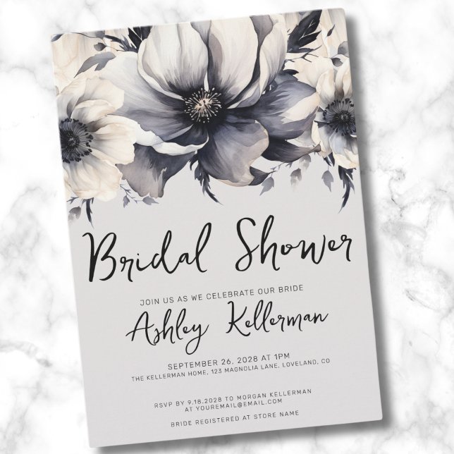 Elegantes Brautparty Wasserfarben Einladung (Chic Watercolor Elegant Floral Gray Bridal Shower Invitation)