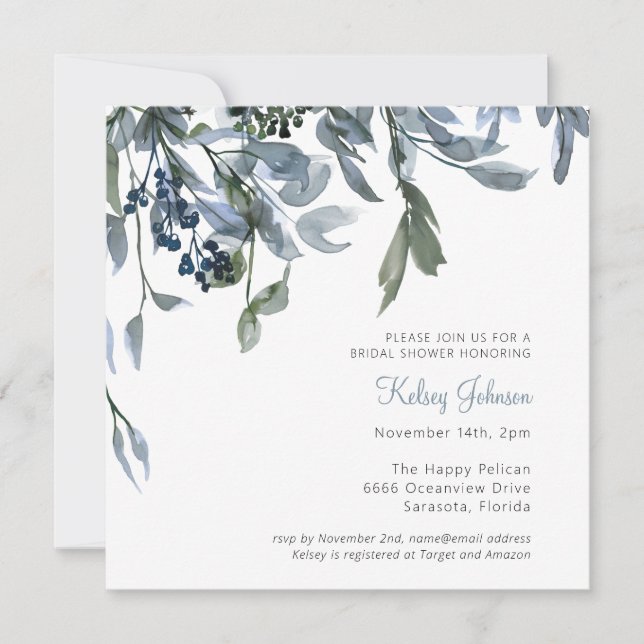 Elegantes Brautparty Watercolor Dusty Blue Floral Einladung (Vorderseite)