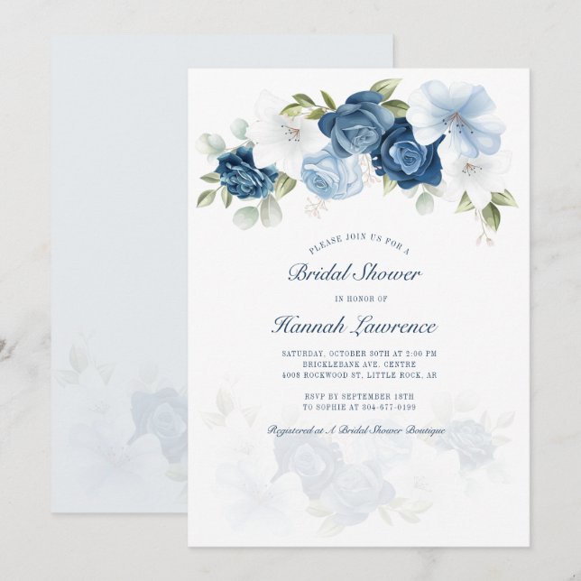 Elegantes Brautparty Watercolor Dusty Blue Floral Einladung (Vorne/Hinten)