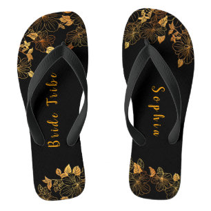 Elegantes Bride Tribe Black & Gold Foliage Muster Flip Flops