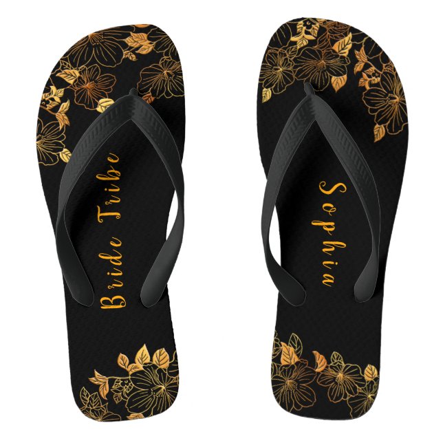 Elegantes Bride Tribe Black & Gold Foliage Muster Flip Flops (Fußbett)