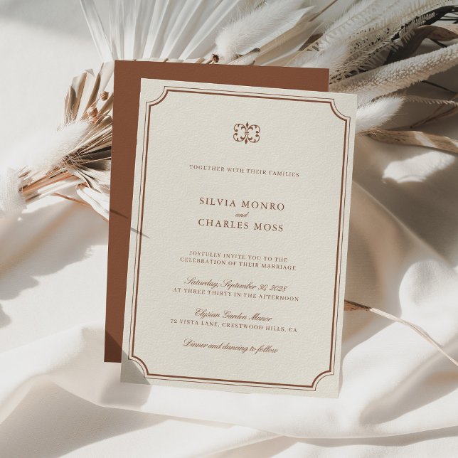 Elegantes Brown & Ecru Classic Script Wedding Wapp Einladung (Elegant Brown & Ecru Classic Script Wedding Crest Invitation)
