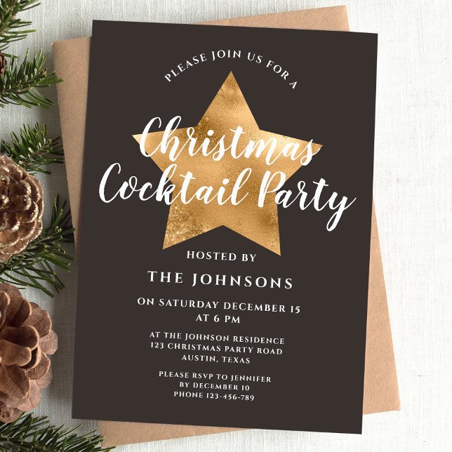 Elegantes Brown Gold Star Weihnachtscocktail Party Einladung (Elegant Brown Gold Star Christmas Cocktail Party Invitation)