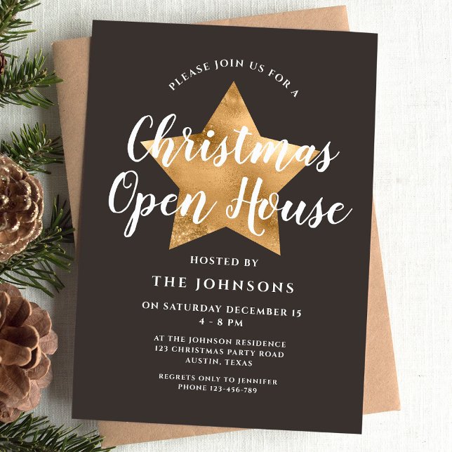 Elegantes Brown Gold Star Weihnachtshaus Einladung (Elegant Brown Gold Star Christmas Open House Invitation)