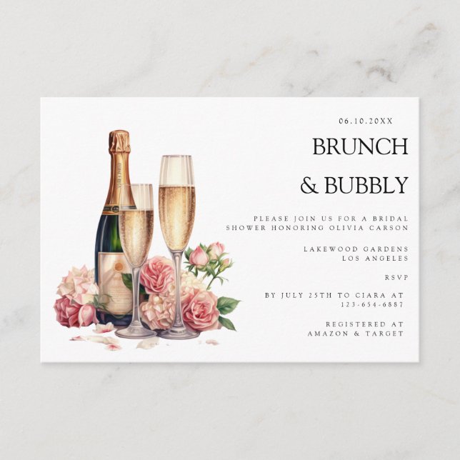 Elegantes Brunch & Bubbly Bridal Dusche Einladung (Vorderseite)