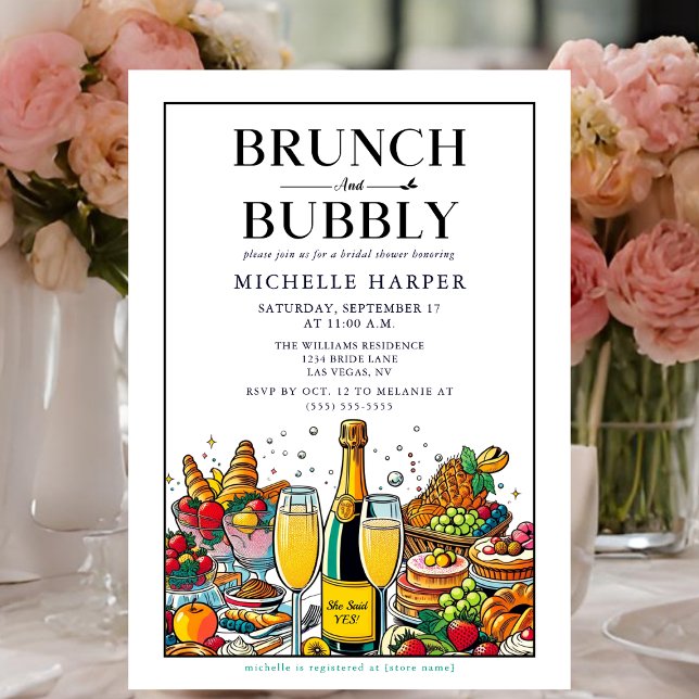 Elegantes Brunch und Bubbly Brautparty Einladung (Brunch and Bubbly Bridal Shower Invitation.)