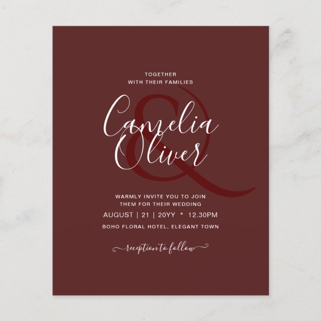 Elegantes BUDGET Burgund Monochrome Hochzeit Einfa Flyer (Vorne)