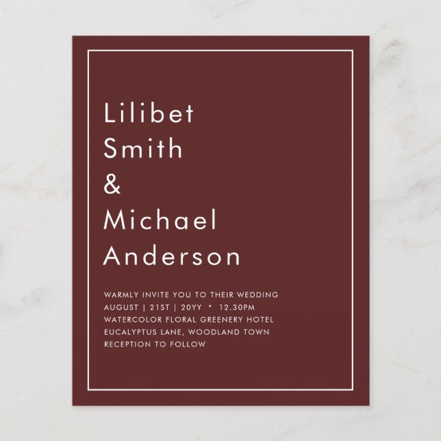 Elegantes BUDGET Burgund Monochrome Hochzeit Einfa Flyer (Vorne)