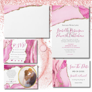 Elegantes Budget Rosa & Gold Agate Stone Hochzeit Einladung