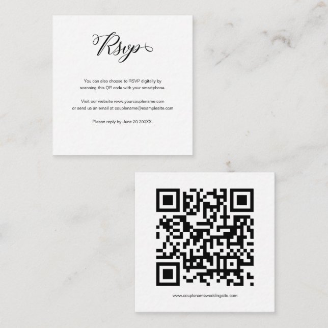 Elegantes Budget Script QR Code Wedding RSVP Card Begleitkarte (Vorne/Hinten)