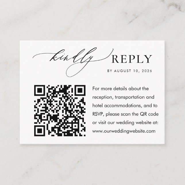 Elegantes Budget Wedding Rsvp Website QR Code Begleitkarte (Vorderseite)