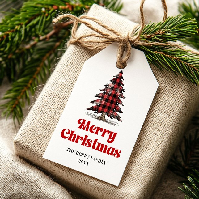Elegantes Büffelbaum-Geschenk-Tag mit individuelle Geschenkanhänger (Modern Buffalo Plaid Christmas Tree Gift Tag)