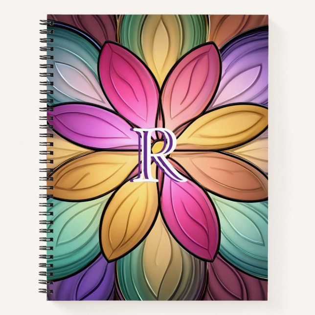 Elegantes, bunt verglastes Blumenmonogramm-Initial Notizbuch (Vorderseite)