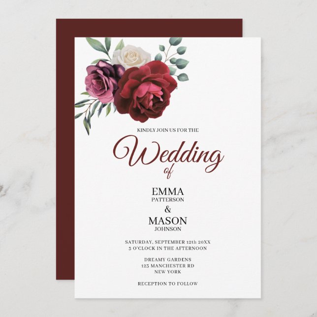 Elegantes Burgund Floral Einladung (Vorne/Hinten)