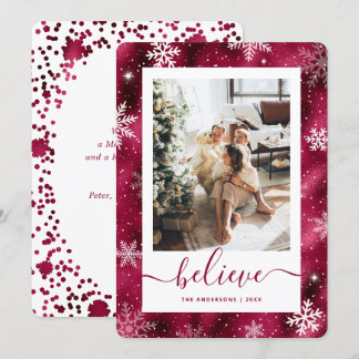 Elegantes Burgund Foto Snowflake Feiertagskarte