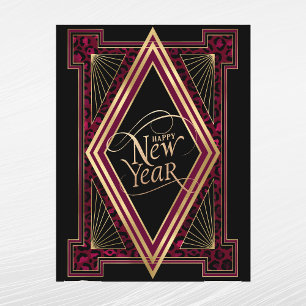 Elegantes Burgund Gold Art Deco Neujahr Feiertagspostkarte