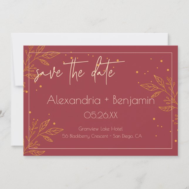 Elegantes Burgund & Gold Moderne Hochzeit Save The Date (Vorderseite)