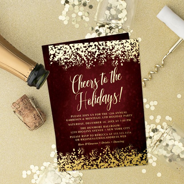 Elegantes Burgund mit Gold Confetti Folieneinladung (Holiday Party Invitation with real foil on gold background with confetti, champagne bottle and more.)