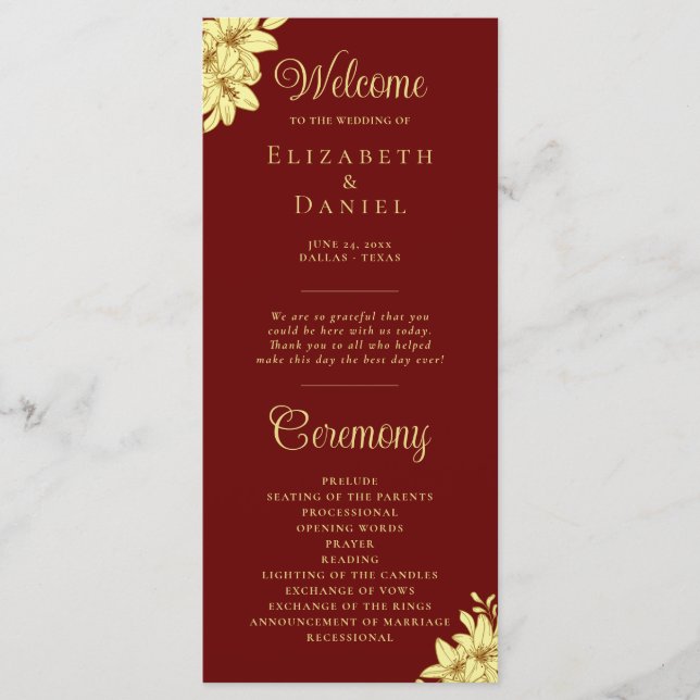 Elegantes Burgund mit Goldtypografie-Hochzeit Programm (Vorderseite)