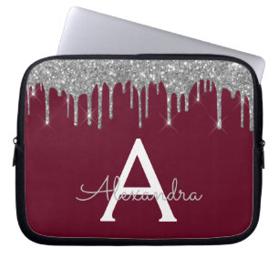 Elegantes Burgund Silver Glitzer Sparkle Monogramm Laptopschutzhülle
