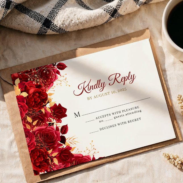 Elegantes Burgund und Gold Floral Quinceñera RSVP Karte (Von Creator hochgeladen)