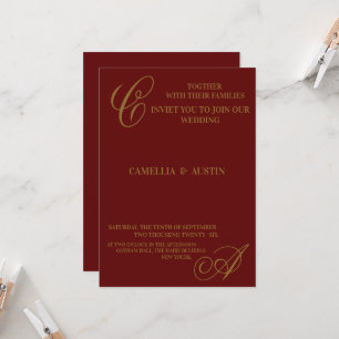 Elegantes Burgund und Goldfolien-Monogramm Einladung