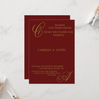 Elegantes Burgund und Goldfolien-Monogramm Einladung