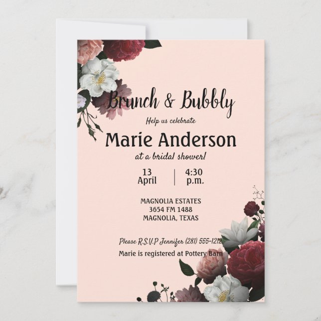 Elegantes Burgund und rosa Brautparty Brunch (Vorderseite)