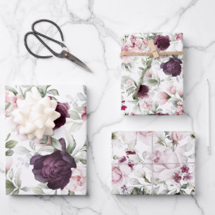 Elegantes Burgund und rosa Wasserfarbe Botanisch Geschenkpapier Set