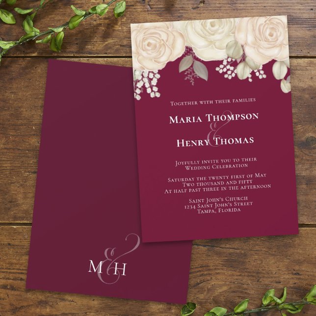 Elegantes Burgund Wasserfarbe Elfenbeinblütenblätt Einladung (Von Creator hochgeladen)