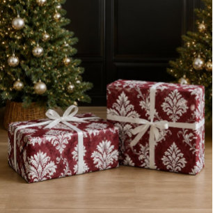 Elegantes Burgund, weißer viktorianischer Damast-W Geschenkpapier