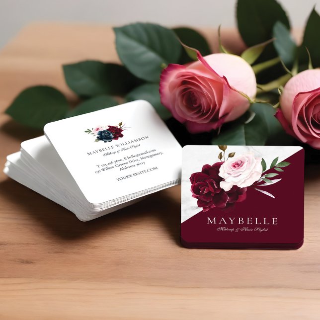 Elegantes Burgund & Weißes Marmor Wasserfarben Quadratische Visitenkarte (Elegant Burgundy & White Marble Watercolor Floral Square Business Card)