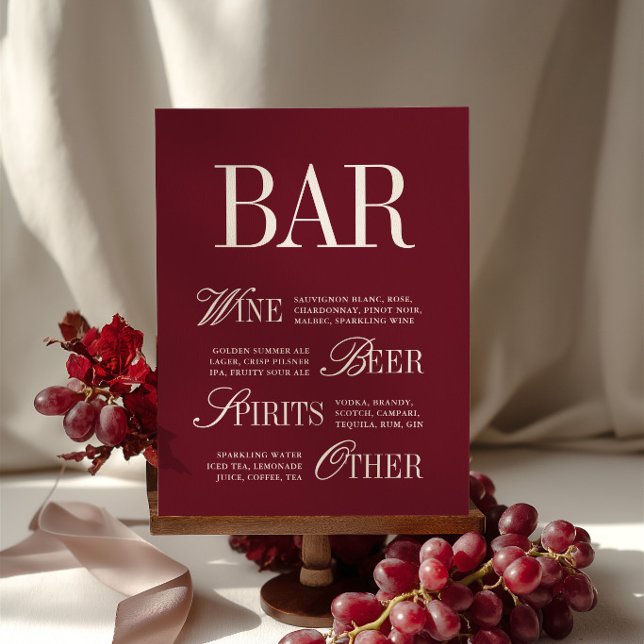 Elegantes Burgunder-Bar-Menügetränk Wedding Tablet (Elegant Burgundy Bar Menu Drinks Wedding Tabletop)