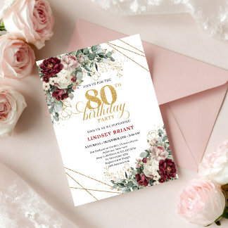 Elegantes Burgunder-Blumen-Eukalyptus-Gold 80. Geb Einladung