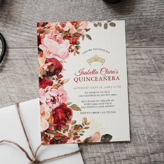Elegantes Burgunder Blumen Gold Quinceanera Einladung