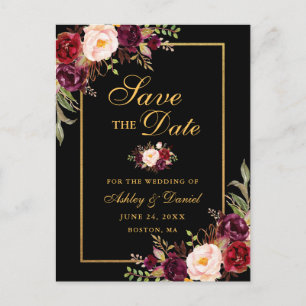 Elegantes Burgunder-Blumen-Save-the-Date Schwarz G Ankündigungspostkarte