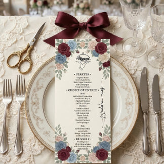 Elegantes Burgunder Chic Hochzeitsmenü Menükarte