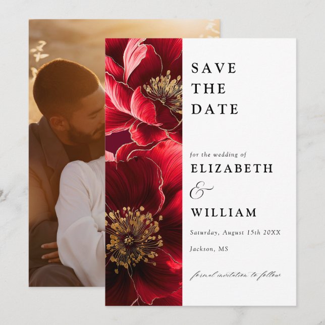 Elegantes Burgunder Foto Hochzeit in Rot und Gold Save The Date (Vorne/Hinten)