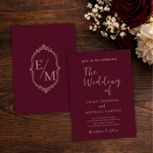 Elegantes Burgunder Hochzeit Luxus Gold Monogramm Einladung
