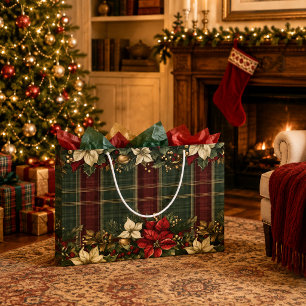 Elegantes Burgunder-Karo- und Weihnachtsstern-Weih Große Geschenktüte
