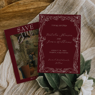Elegantes Burgunder-Romantik-Altes-Geld-Foto-Hochz Save The Date