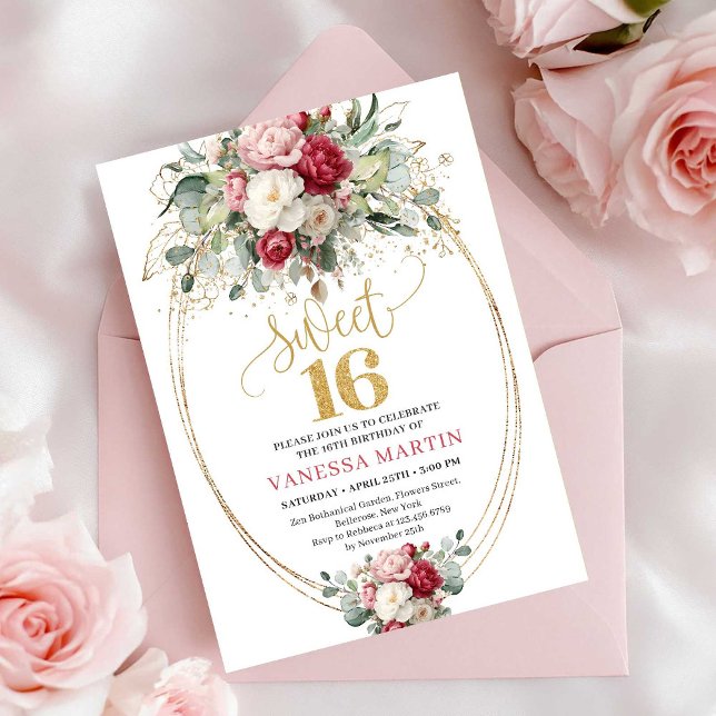 Elegantes Burgunder-Roségold mit floralem Design f Einladung (Elegant Burgundy Blush Gold Floral Sweet Sixteen Invite)