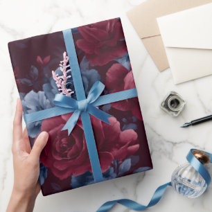 Elegantes Burgunder-Rosen-Navy-Blumenmuster Geschenkpapier