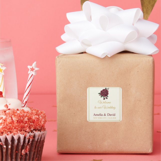 Elegantes Burgunder-Rosen-Willkommens-Tüten-Etiket Quadratischer Aufkleber (Party)