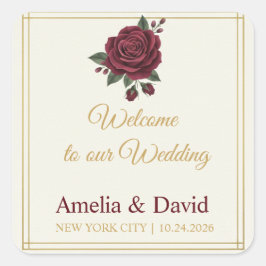 Elegantes Burgunder-Rosen-Willkommens-Tüten-Etiket Quadratischer Aufkleber