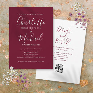 Elegantes Burgunder-Wein-QR-Code-Hochzeitsschrift Einladung