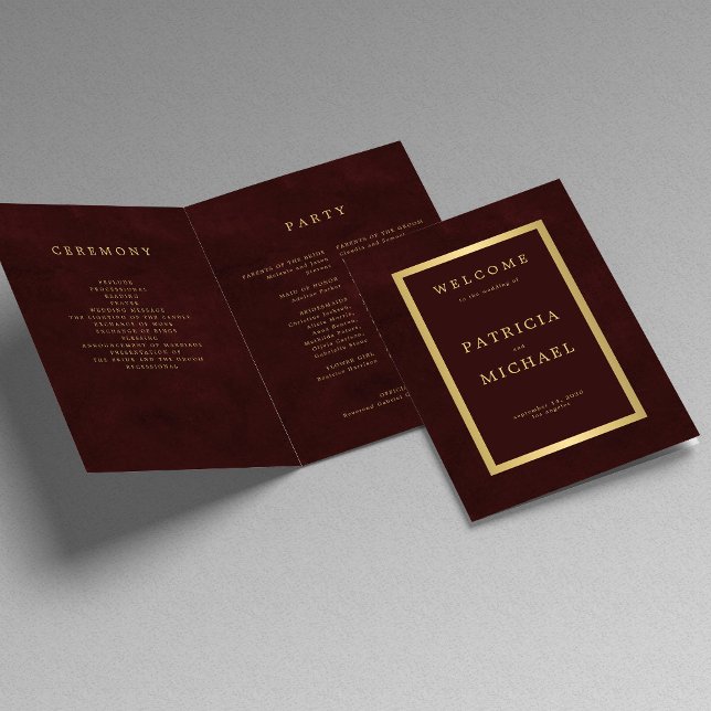 Elegantes burgundergold Hochzeitsfaltungsprogramm Programm (Von Creator hochgeladen)