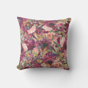 Elegantes burgunderrosa Wasserfarben-Blumenmuster Kissen
