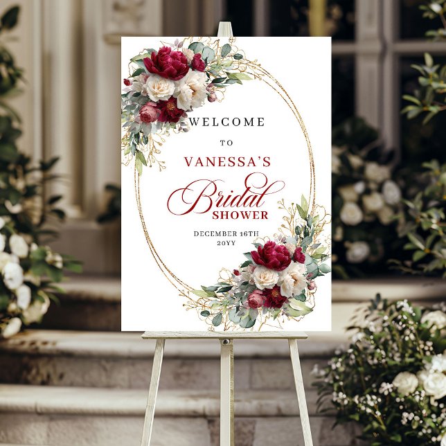 Elegantes Burgunderrot Florales Gold Hochzeits-Sho Poster (Chic Burgundy Floral Gold Bridal Shover Welcome)