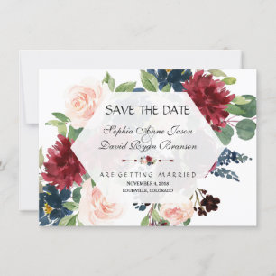 Elegantes Burgunderrot Florales Sechseck-Rahmen Sa Save The Date